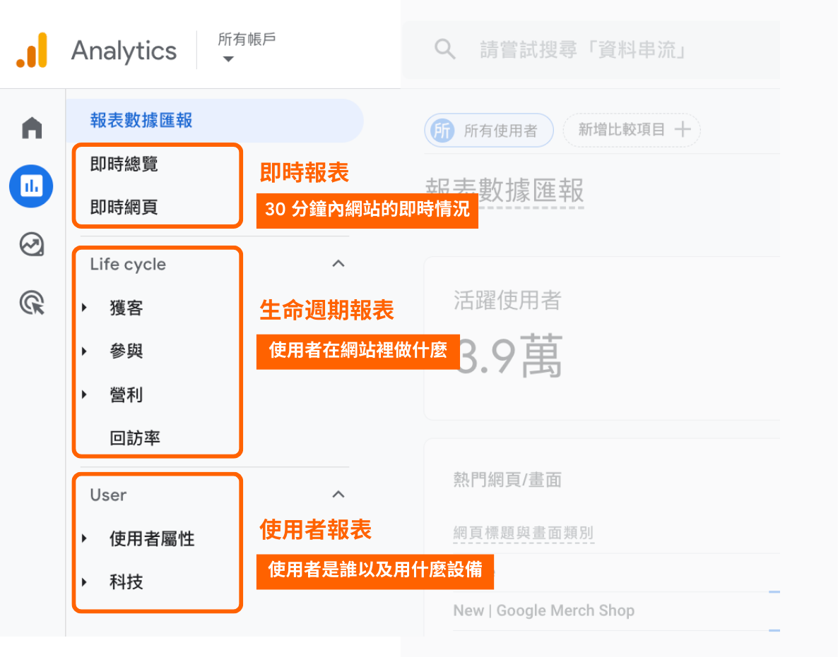左側導覽列：即時報表、Life cycle（生命週期）以及 User（使用者）示意圖