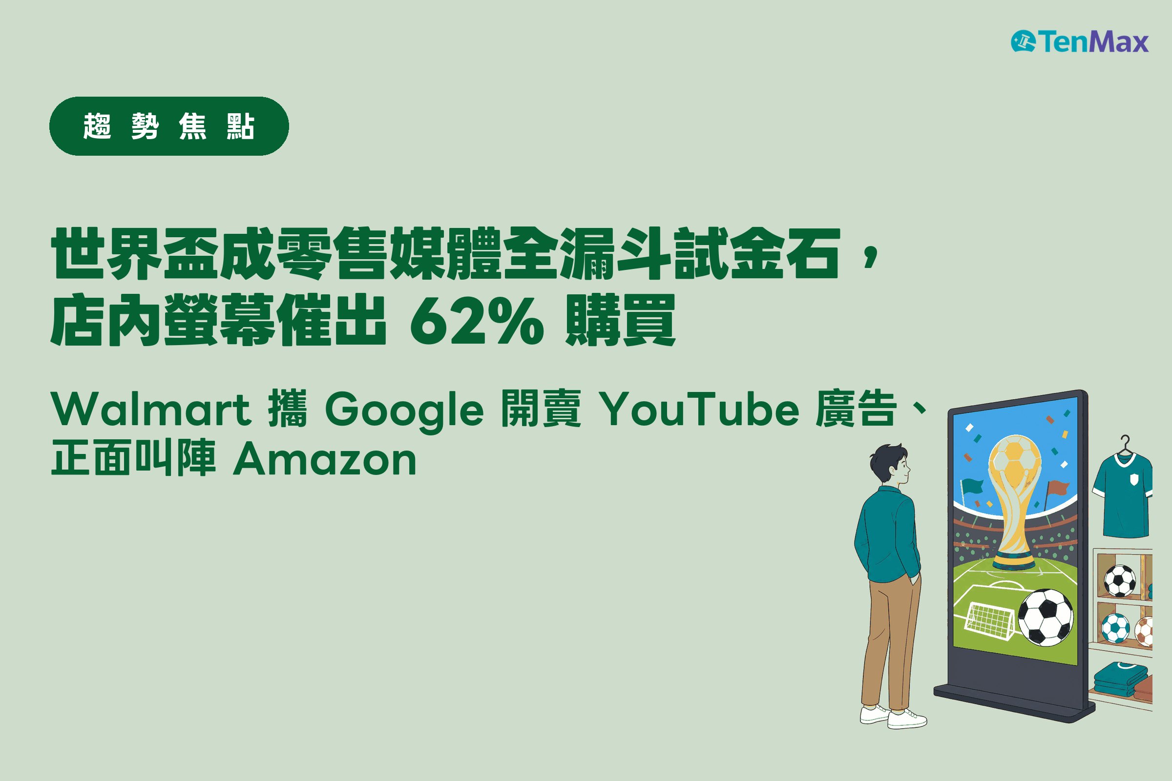 世界盃零售媒體封面:消費者站在店內大螢幕前,螢幕顯示世界盃廣告