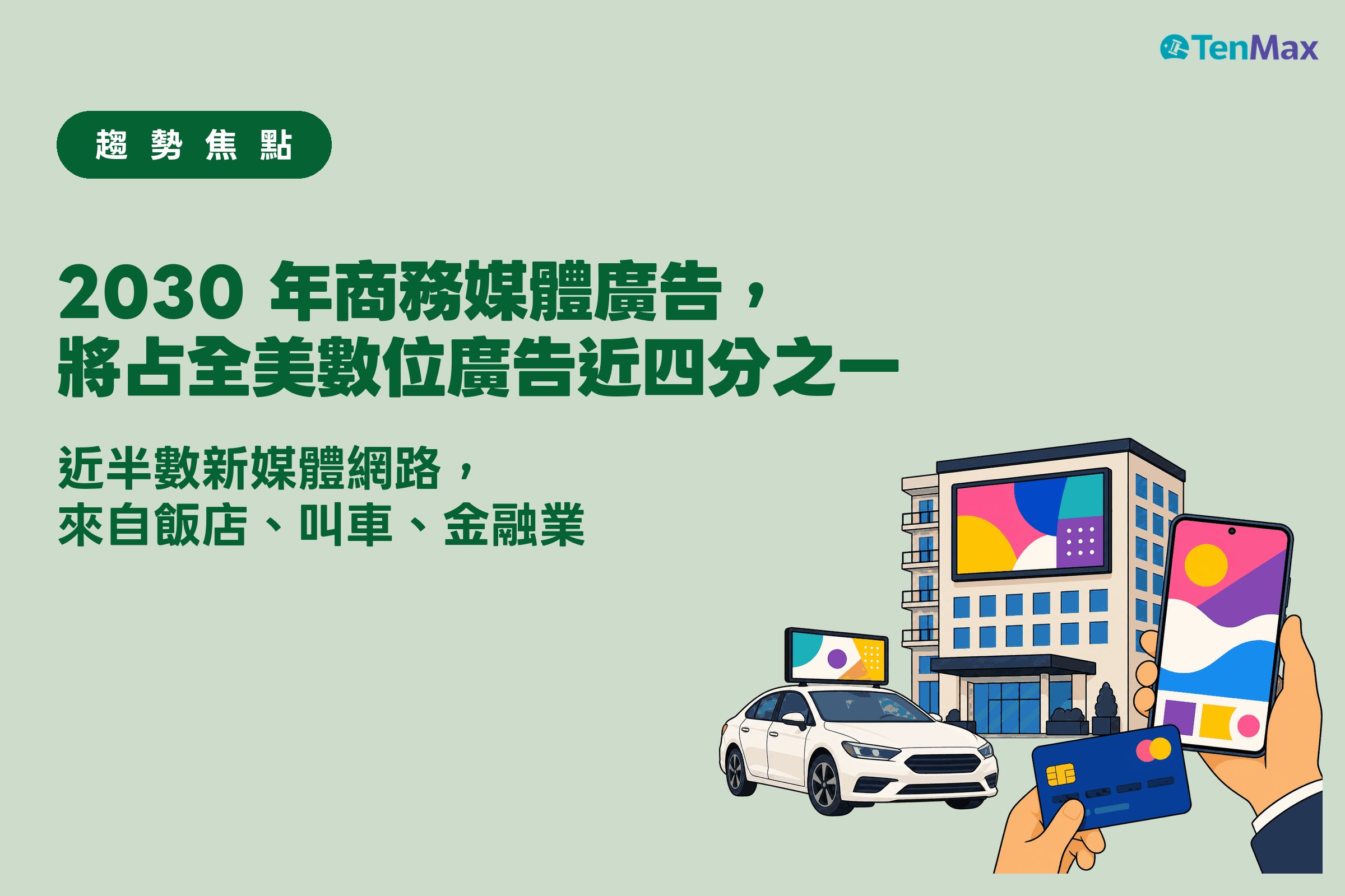 商務媒體跨界示意圖:叫車、飯店、金融業者都掛上數位廣告螢幕,象徵 commerce media 不再是零售專利