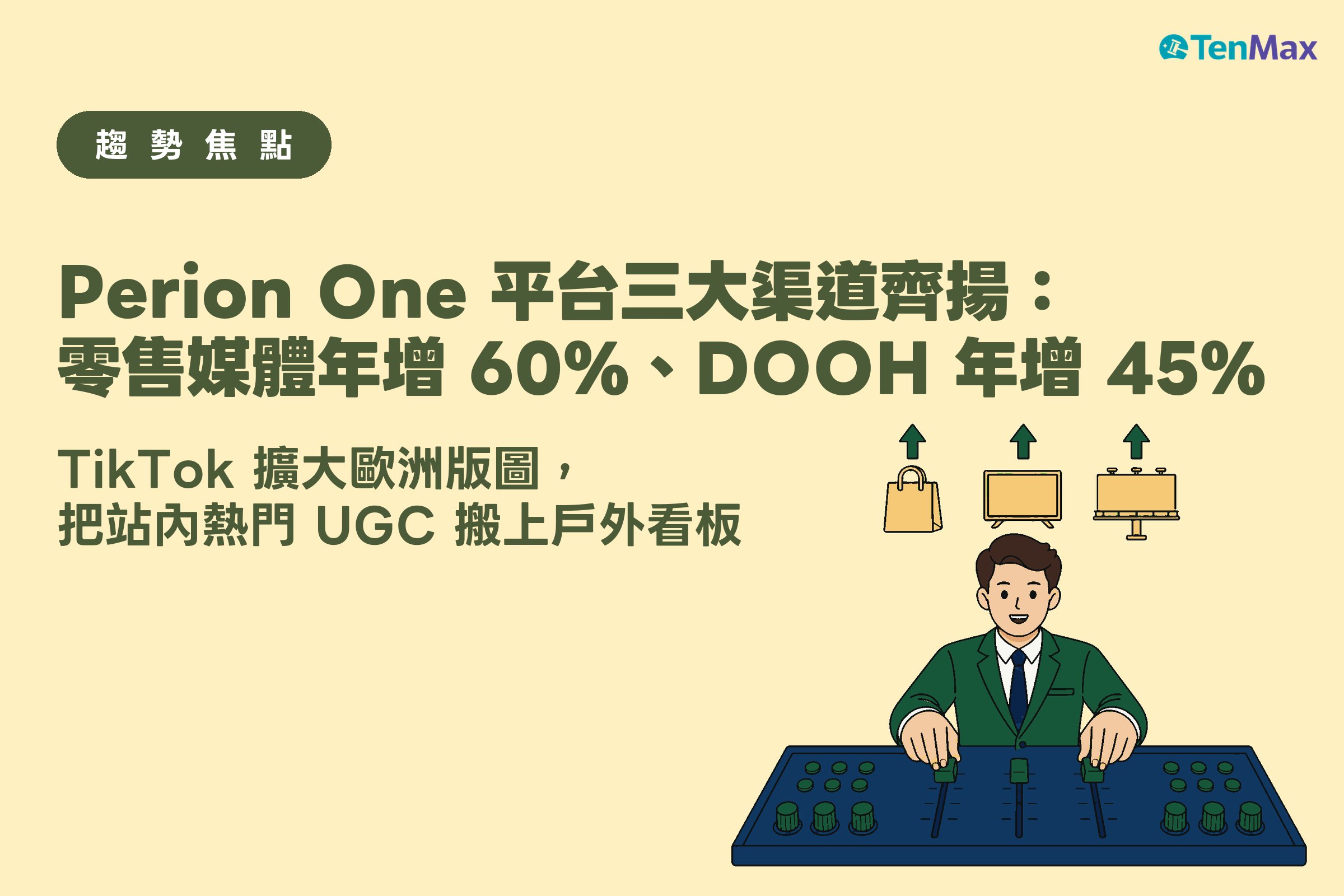 商業人士站在音控混音台前，雙手同時把三根推桿推到頂端，頭頂上方一排購物袋、電視、戶外看板圖示配上向上箭頭，黃色底，示意零售媒體、CTV、DOOH 三渠道同步成長