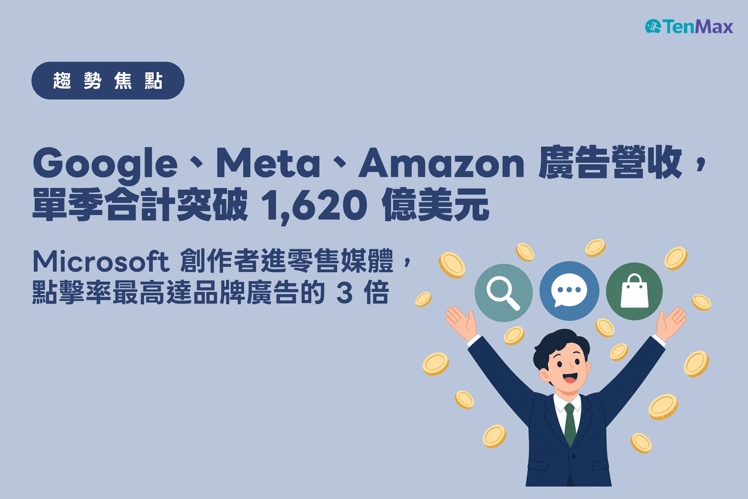 商業人士雙手高舉歡呼,頭頂三個抽象圓圈分別代表搜尋、社群、電商三種廣告通路,藍色底、大量金幣像雨一樣灑落,示意 Google、Meta、Amazon 廣告營收暴增